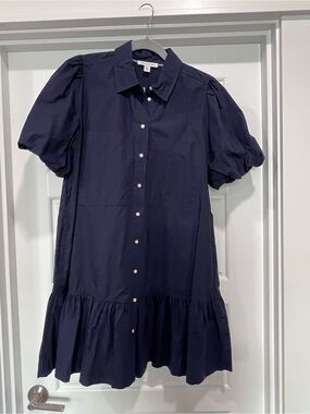 Free Assembly Navy Button-Front Collared Shirt Dress with Puff Sleeves